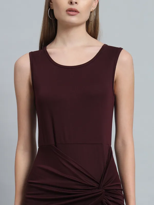 Wine_Cotton_Blend_Solid_Stretchable_Bodycon_Mini_Length_Dress_For_Women_&_Girls