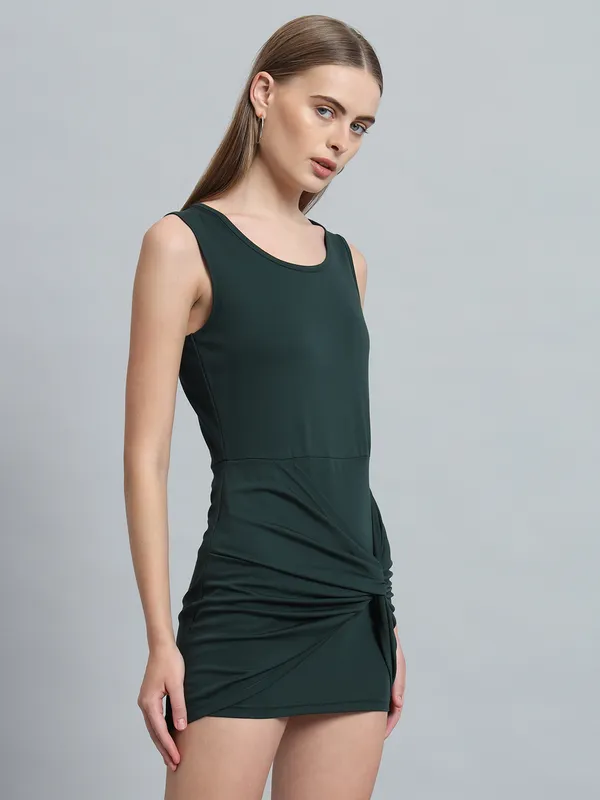 Bottle_Green_Cotton_Blend_Solid_Stretchable_Bodycon_Mini_Length_Dress_For_Women_&_Girls