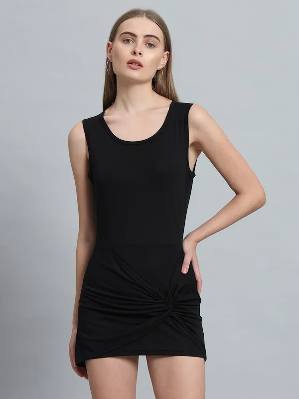 Black_Cotton_Blend_Solid_Stretchable_Bodycon_Mini_Length_Dress_For_Women_&_Girls
