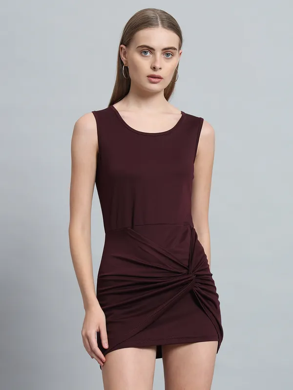 Wine_Cotton_Blend_Solid_Stretchable_Bodycon_Mini_Length_Dress_For_Women_&_Girls