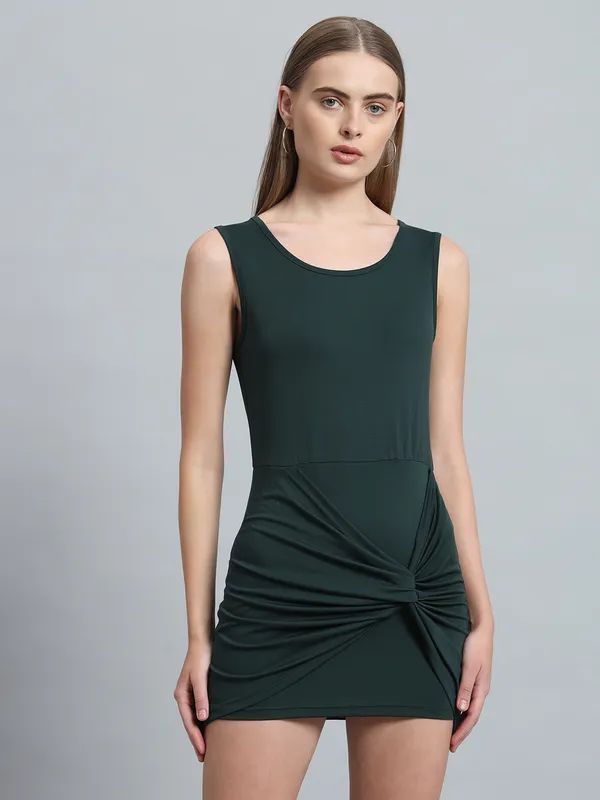 Bottle_Green_Cotton_Blend_Solid_Stretchable_Bodycon_Mini_Length_Dress_For_Women_&_Girls