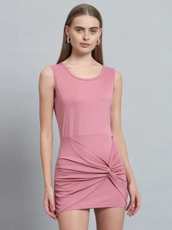 Light_Pink_Cotton_Blend_Solid_Stretchable_Bodycon_Mini_Length_Dress_For_Women_&_Girls