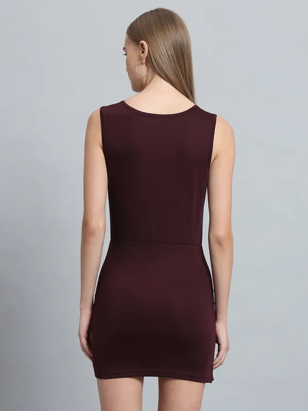 Wine_Cotton_Blend_Solid_Stretchable_Bodycon_Mini_Length_Dress_For_Women_&_Girls