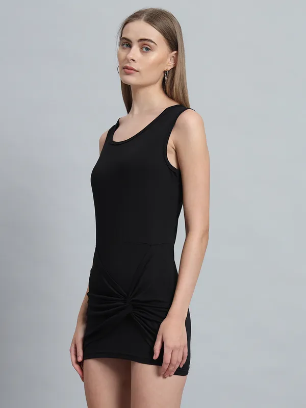 Black_Cotton_Blend_Solid_Stretchable_Bodycon_Mini_Length_Dress_For_Women_&_Girls