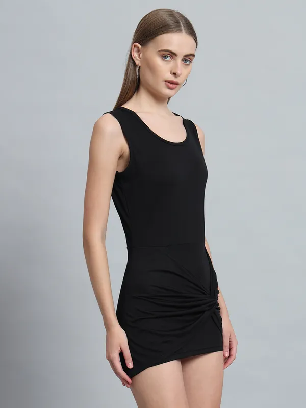 Black_Cotton_Blend_Solid_Stretchable_Bodycon_Mini_Length_Dress_For_Women_&_Girls