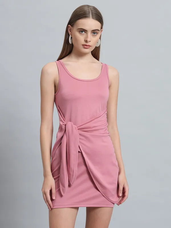 Light_Pink_Cotton_Blend_Solid_Round_Neck_Sleeveless_Stretchable_Mini_Bodycon_Dress_For_Women_&_Girls