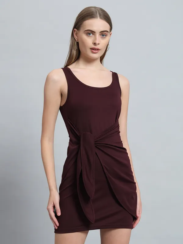 Wine_Cotton_Blend_Solid_Round_Neck_Sleeveless_Stretchable_Mini_Bodycon_Dress_For_Women_&_Girls