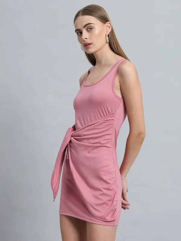 Light_Pink_Cotton_Blend_Solid_Round_Neck_Sleeveless_Stretchable_Mini_Bodycon_Dress_For_Women_&_Girls