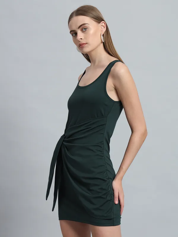 Bottle_Green_Cotton_Blend_Solid_Round_Neck_Sleeveless_Stretchable_Mini_Bodycon_Dress_For_Women_&_Girls