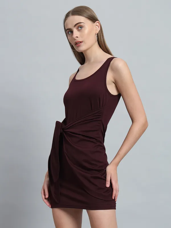 Wine_Cotton_Blend_Solid_Round_Neck_Sleeveless_Stretchable_Mini_Bodycon_Dress_For_Women_&_Girls