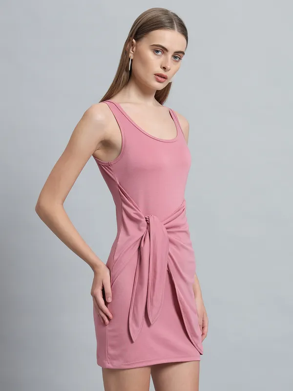 Light_Pink_Cotton_Blend_Solid_Round_Neck_Sleeveless_Stretchable_Mini_Bodycon_Dress_For_Women_&_Girls