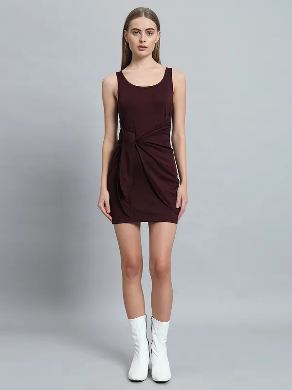 Wine_Cotton_Blend_Solid_Round_Neck_Sleeveless_Stretchable_Mini_Bodycon_Dress_For_Women_&_Girls