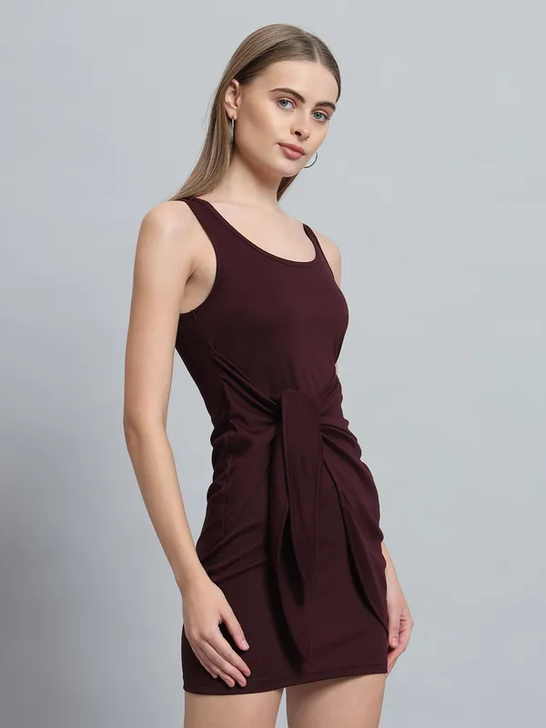 Wine_Cotton_Blend_Solid_Round_Neck_Sleeveless_Stretchable_Mini_Bodycon_Dress_For_Women_&_Girls