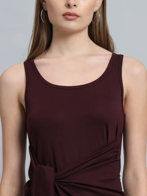 Wine_Cotton_Blend_Solid_Round_Neck_Sleeveless_Stretchable_Mini_Bodycon_Dress_For_Women_&_Girls