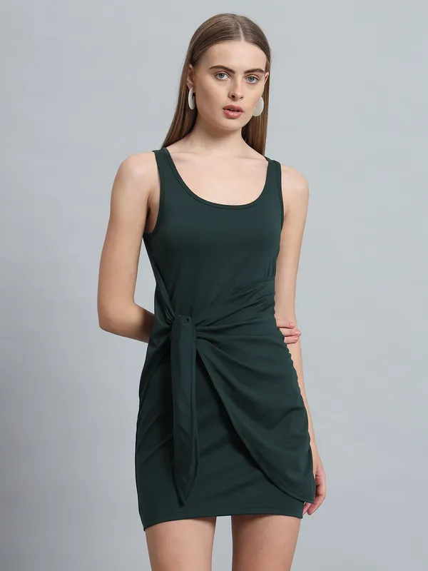 Bottle_Green_Cotton_Blend_Solid_Round_Neck_Sleeveless_Stretchable_Mini_Bodycon_Dress_For_Women_&_Girls