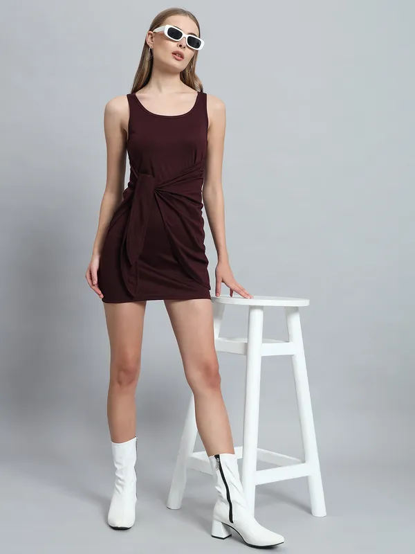 Wine_Cotton_Blend_Solid_Round_Neck_Sleeveless_Stretchable_Mini_Bodycon_Dress_For_Women_&_Girls