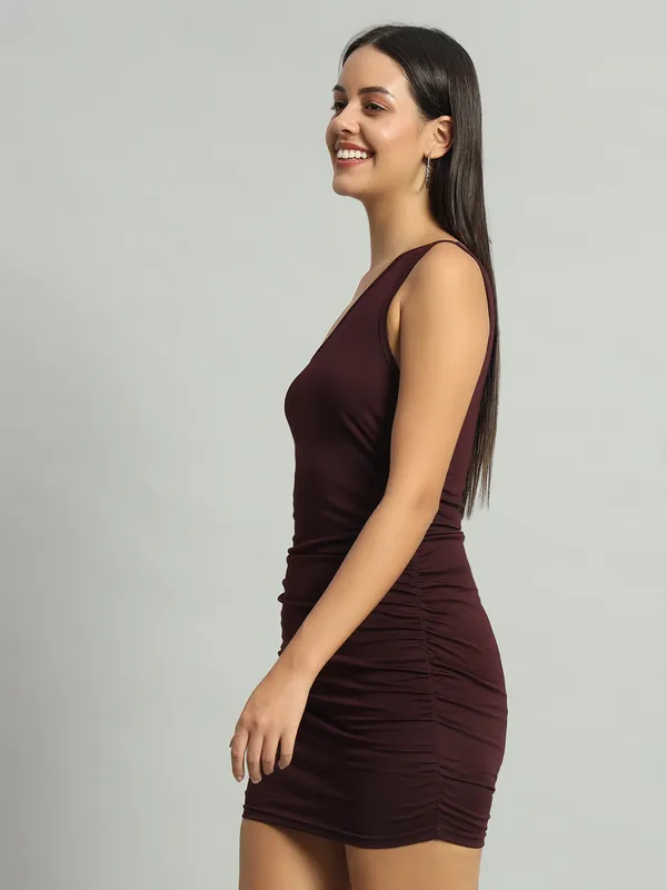 Wine_Stretchable_Single_Shoulder_Mini_Bodycon_Dress_For_Women_&_Girls