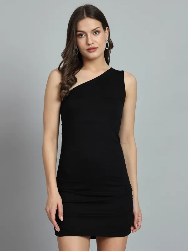 Black_Stretchable_Single_Shoulder_Mini_Bodycon_Dress_For_Women_&_Girls