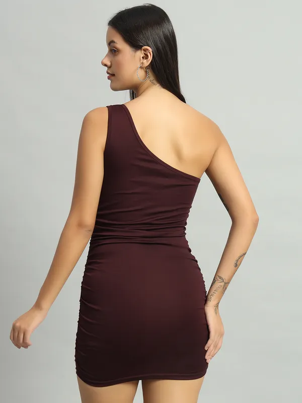 Wine_Stretchable_Single_Shoulder_Mini_Bodycon_Dress_For_Women_&_Girls