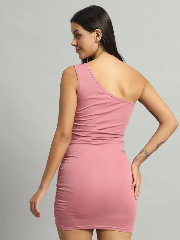 Light_Pink_Stretchable_Single_Shoulder_Mini_Bodycon_Dress_For_Women_&_Girls