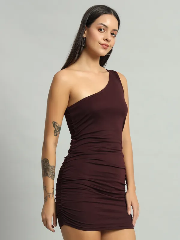 Wine_Stretchable_Single_Shoulder_Mini_Bodycon_Dress_For_Women_&_Girls