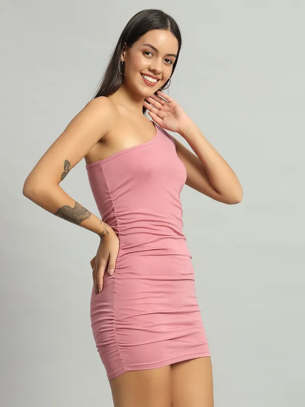 Light_Pink_Stretchable_Single_Shoulder_Mini_Bodycon_Dress_For_Women_&_Girls