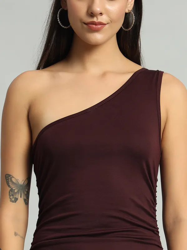 Wine_Stretchable_Single_Shoulder_Mini_Bodycon_Dress_For_Women_&_Girls