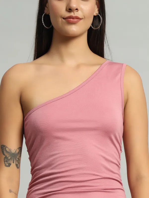Light_Pink_Stretchable_Single_Shoulder_Mini_Bodycon_Dress_For_Women_&_Girls