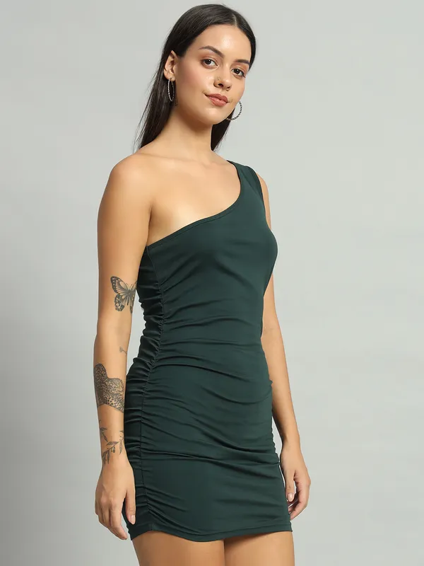 Bottle_Green_Stretchable_Single_Shoulder_Mini_Bodycon_Dress_For_Women_&_Girls