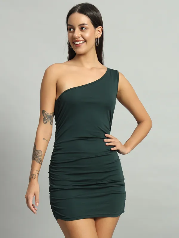 Bottle_Green_Stretchable_Single_Shoulder_Mini_Bodycon_Dress_For_Women_&_Girls