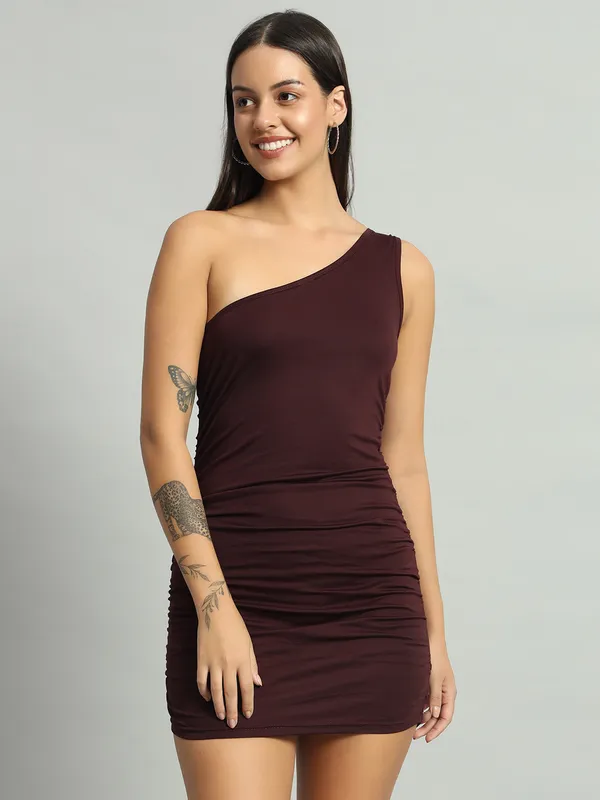 Wine_Stretchable_Single_Shoulder_Mini_Bodycon_Dress_For_Women_&_Girls