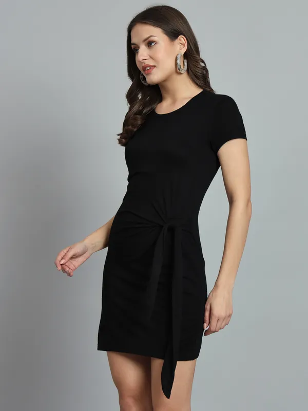 Black_Round_Neck_Stretchable_Side_Knot_Mini_Length_Bodycon_Dress_For_Women_&_Girls