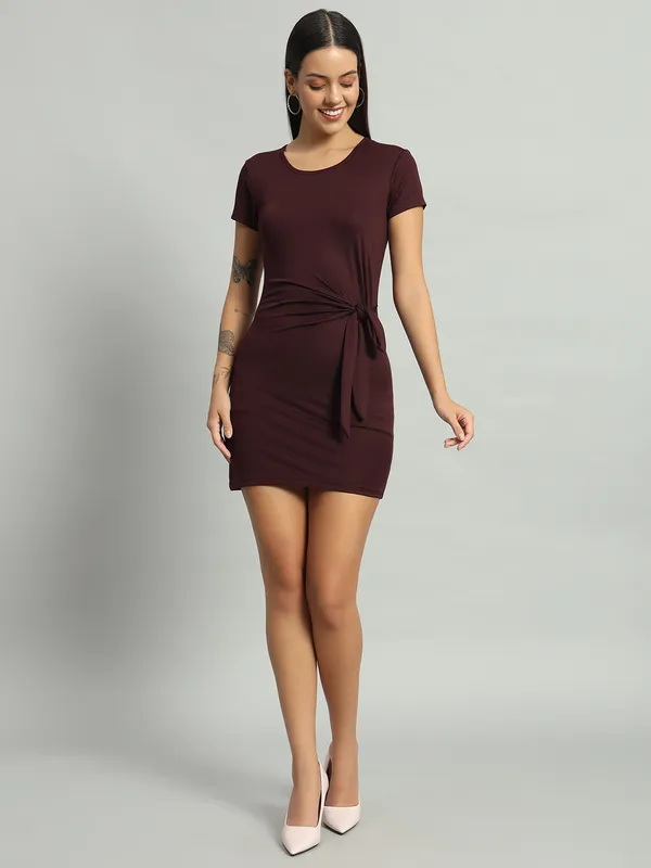 Wine_Round_Neck_Stretchable_Side_Knot_Mini_Length_Bodycon_Dress_For_Women_&_Girls