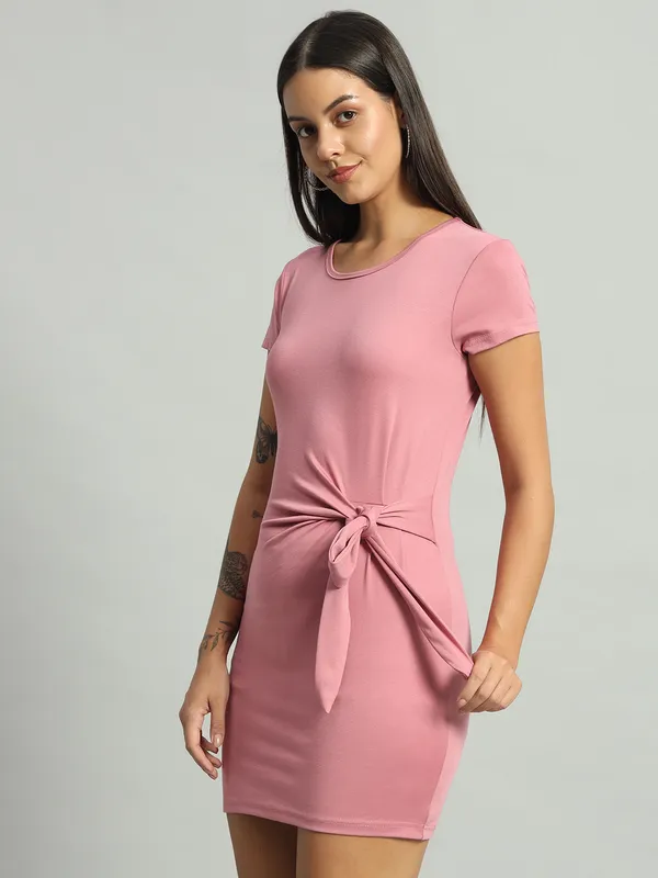 Light_Pink_Round_Neck_Stretchable_Side_Knot_Mini_Length_Bodycon_Dress_For_Women_&_Girls