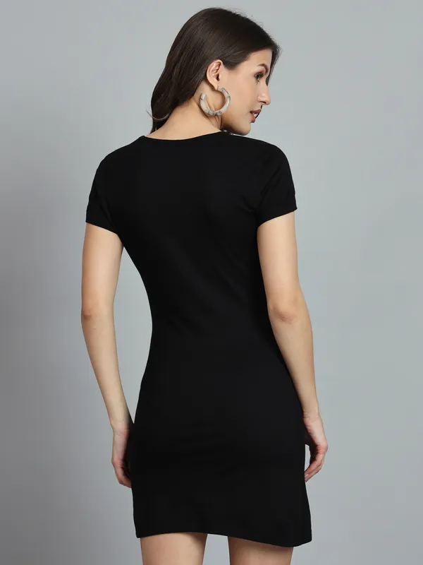Black_Round_Neck_Stretchable_Side_Knot_Mini_Length_Bodycon_Dress_For_Women_&_Girls