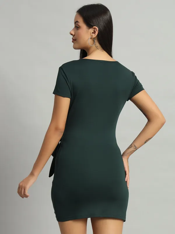 Bottle_Green_Round_Neck_Stretchable_Side_Knot_Mini_Length_Bodycon_Dress_For_Women_&_Girls