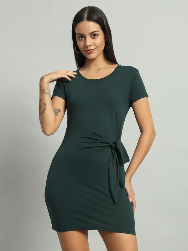 Bottle_Green_Round_Neck_Stretchable_Side_Knot_Mini_Length_Bodycon_Dress_For_Women_&_Girls