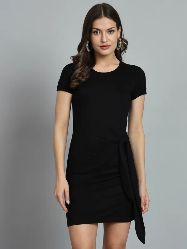 Black_Round_Neck_Stretchable_Side_Knot_Mini_Length_Bodycon_Dress_For_Women_&_Girls