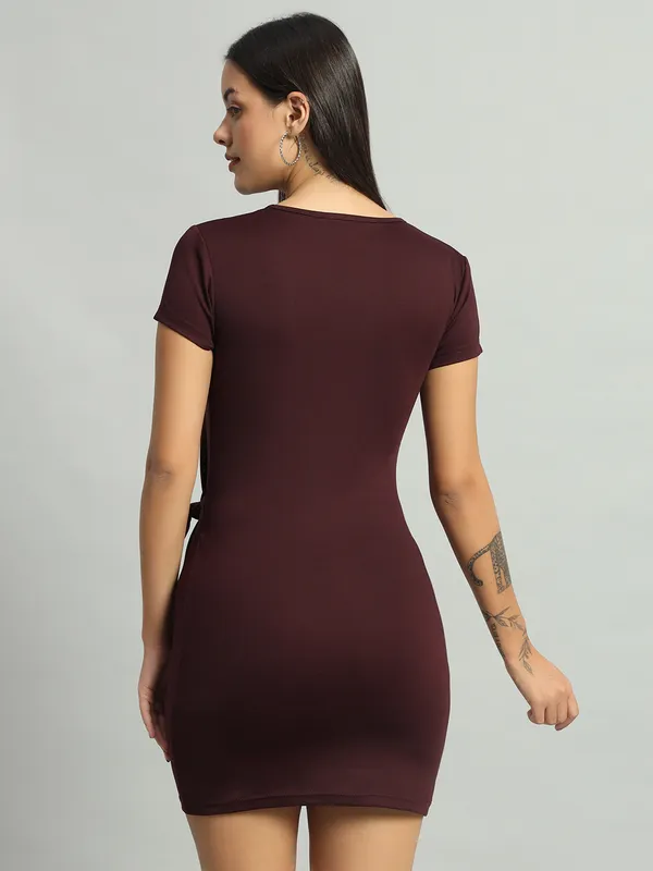 Wine_Round_Neck_Stretchable_Side_Knot_Mini_Length_Bodycon_Dress_For_Women_&_Girls