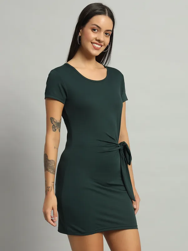 Bottle_Green_Round_Neck_Stretchable_Side_Knot_Mini_Length_Bodycon_Dress_For_Women_&_Girls