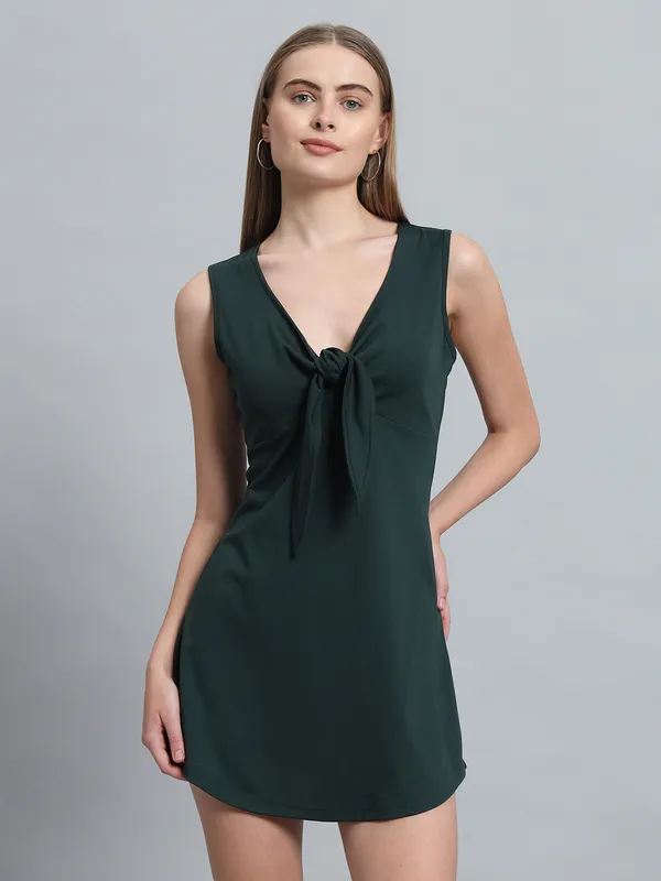 Bottle_Green_Cotton_Blend_Solid_Stretchable_Skater_Knot_Mini_Length_Dress_For_Women_&_Girls
