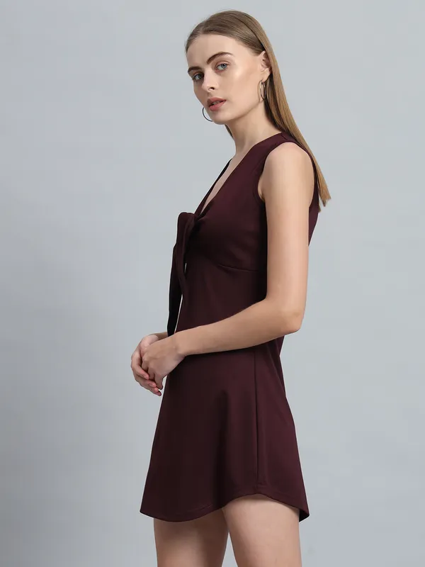 Wine_Cotton_Blend_Solid_Stretchable_Skater_Knot_Mini_Length_Dress_For_Women_&_Girls