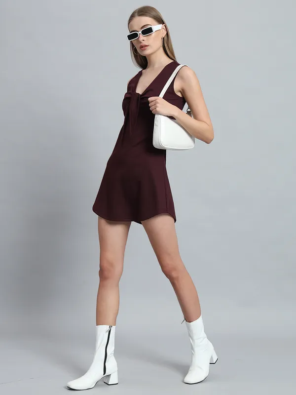 Wine_Cotton_Blend_Solid_Stretchable_Skater_Knot_Mini_Length_Dress_For_Women_&_Girls