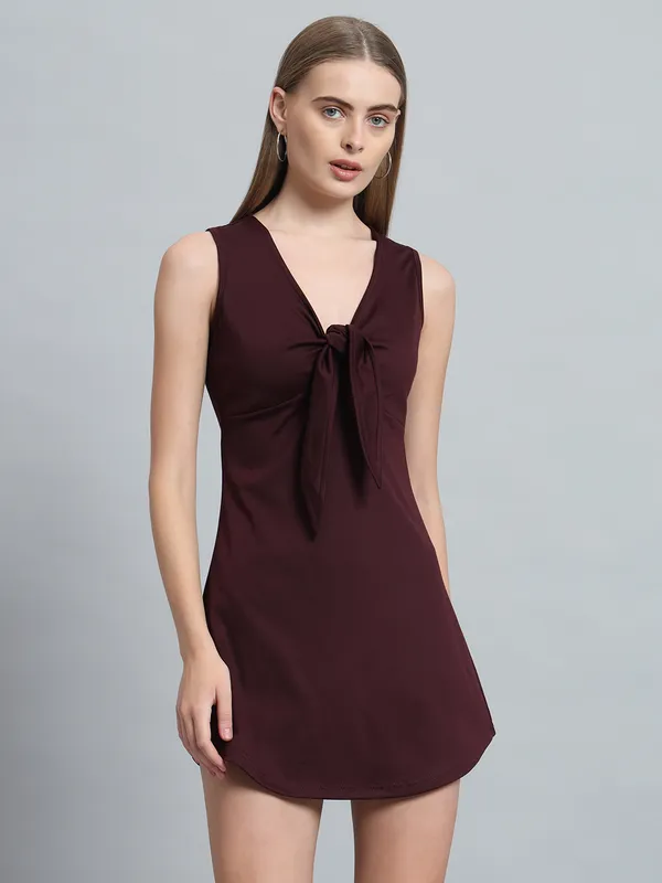 Wine_Cotton_Blend_Solid_Stretchable_Skater_Knot_Mini_Length_Dress_For_Women_&_Girls