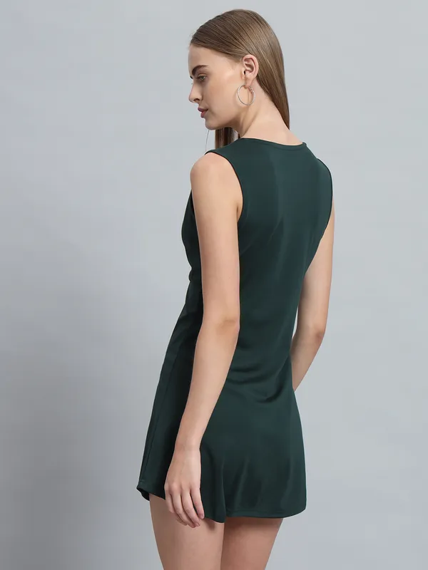 Bottle_Green_Cotton_Blend_Solid_Stretchable_Skater_Knot_Mini_Length_Dress_For_Women_&_Girls