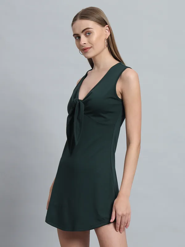 Bottle_Green_Cotton_Blend_Solid_Stretchable_Skater_Knot_Mini_Length_Dress_For_Women_&_Girls
