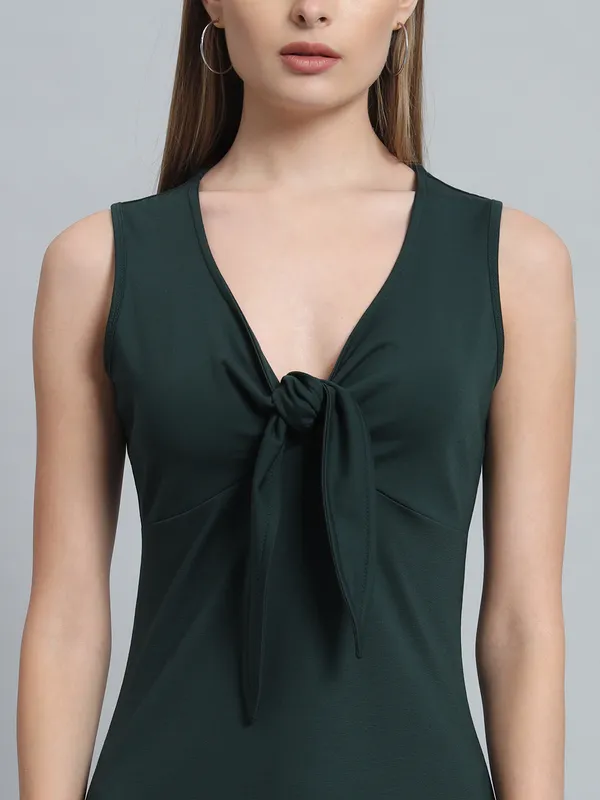 Bottle_Green_Cotton_Blend_Solid_Stretchable_Skater_Knot_Mini_Length_Dress_For_Women_&_Girls