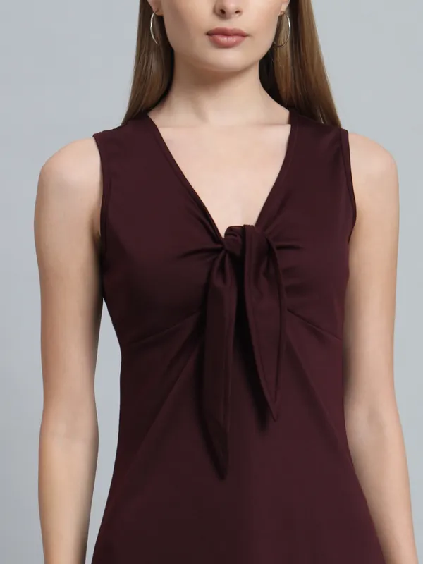 Wine_Cotton_Blend_Solid_Stretchable_Skater_Knot_Mini_Length_Dress_For_Women_&_Girls