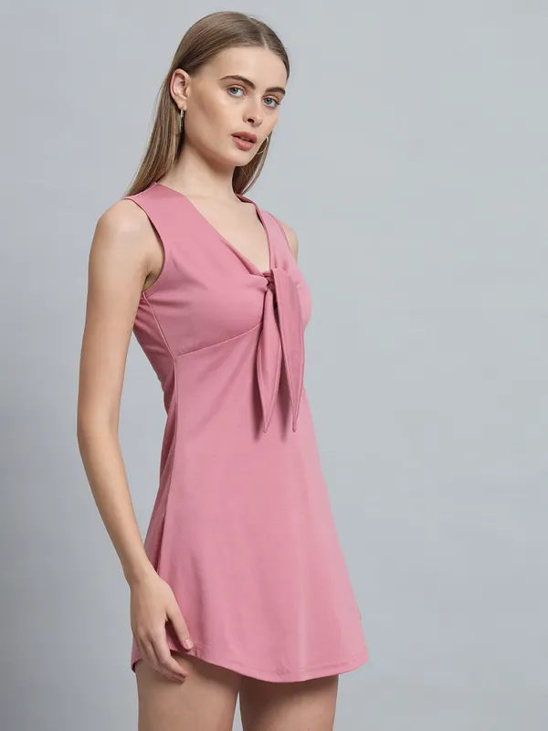 Light_Pink_Cotton_Blend_Solid_Stretchable_Skater_Knot_Mini_Length_Skater_Dress_For_Women_&_Girls