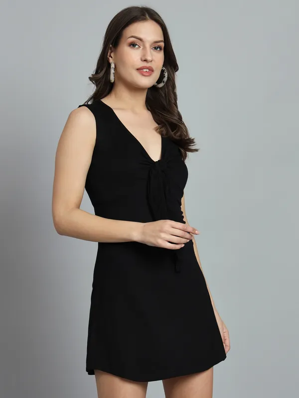 Black_Cotton_Blend_Solid_Stretchable_Skater_Knot_Mini_Length_Dress_For_Women_&_Girls